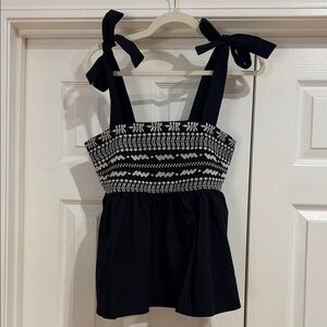 THML Black Camisole with White Embroidered Smocked Bodice and Tie Straps